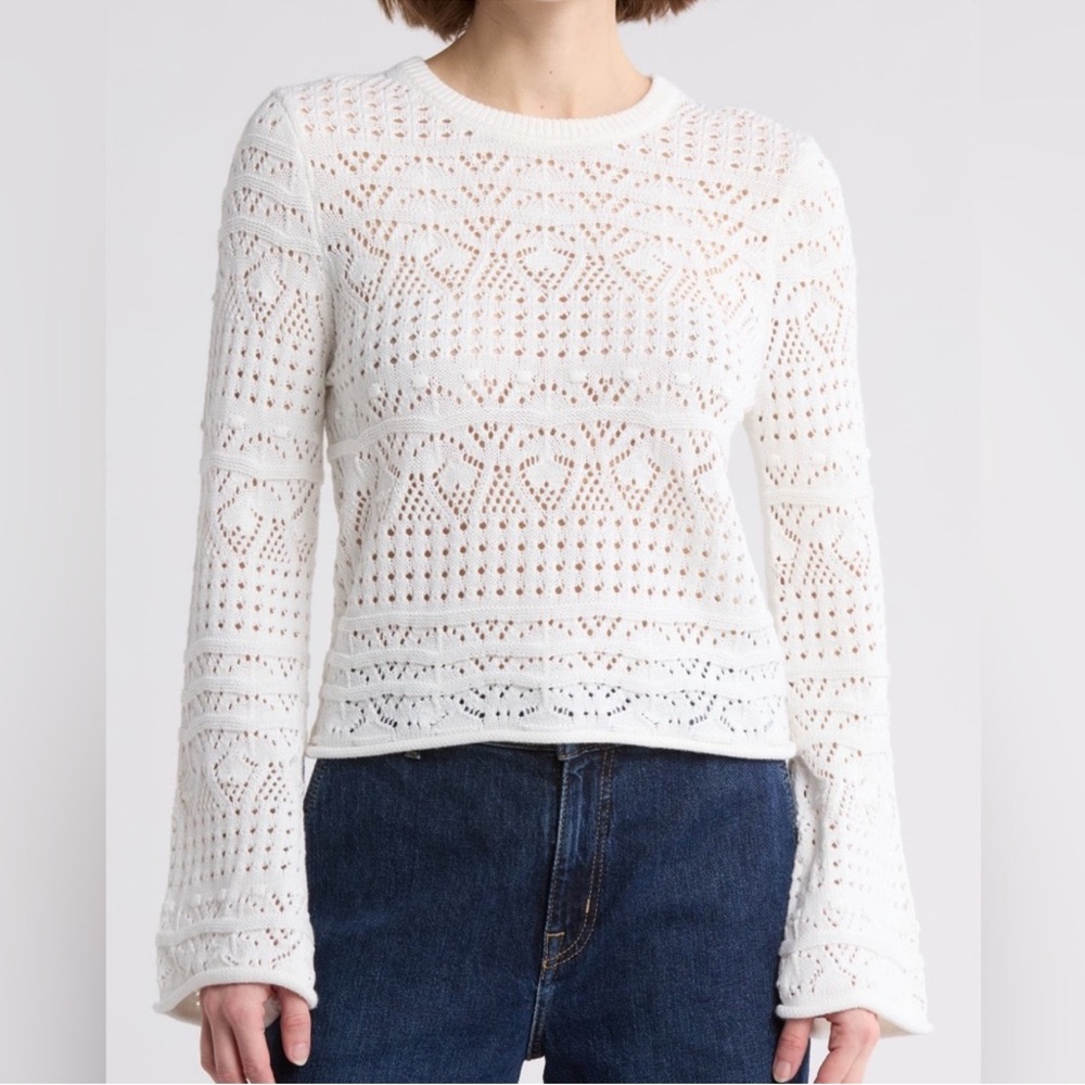 French Connection Bobble Long Sleeve Crochet Bell Sleeve White Sweater XL *invP